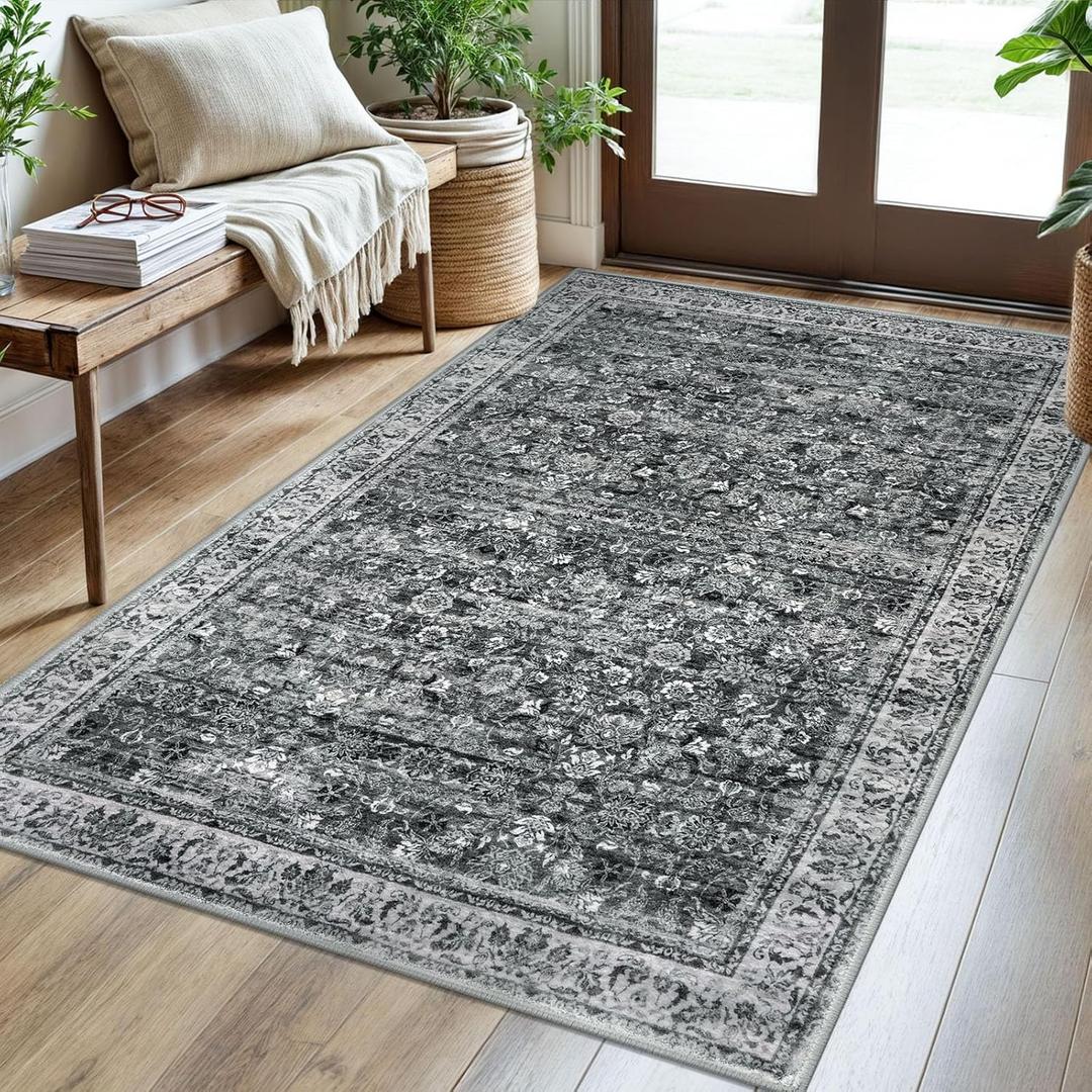 3x5 Washable Area Rug for Entryway, Moss Charcoal Soft Distressed Floral Rug with Non-Slip, Low-Pile Vintage Neutral Area Rugs for Living Room Nursery Bedroom, Dorm Carpet with Non-Shedding