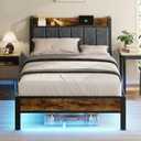 Twin Size Bed Frame with Wood Storage Headboard and USB Charging Station, Smart LED Lights, Metal Platform Bed Frames Easy Assembly, Noise Free, No Box Spring Needed