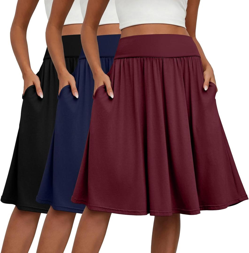 Evervibe 3 Pcs Skirts for Women Knee Length Skirt with Pockets Casual Ruched Flowy Midi Skirt (Black, Navy Blue, Wine Red, Medium)