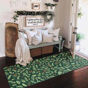 Washable Vintage Floral Christmas 2x5 Runner Rugs Non Slip - Ultra Thin Soft Xmas Tree Green Berries Holly Branches Winter Christmas Throw Runner Rug for Kitchen Bathroom Entryway Hallway Laundry