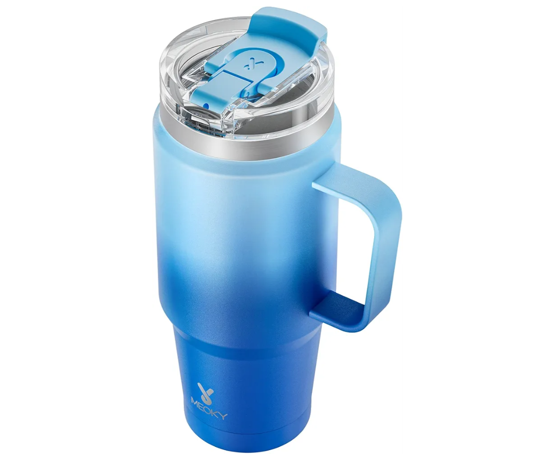 Meoky 32oz Tumbler with Handle, Stainless Steel Travel Mug with 2-in-1 Straw and Sip Lid, Vacuum Insulated Coffee Mug, 100% Leak Proof, Keeps Cold for 24 Hours or Hot for 8 Hours (Sky)
