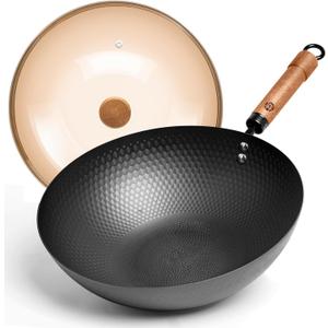 WANGYUANJI Carbon Steel Wok Pan with Lid, 12.6" Hammered Stir Fry Pan, Thickened Heavy Duty Flat Bottom Wok for Electric, Induction & Gas Stoves, Detachable Wood Handle, No Chemical Coating (Black)