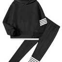 NECIOUS Girls Fall Outfits Kids Girls Clothes Size 7 8 Two Piece Fashion Contrast Stripes Grey Hoodie Tops Leggings Pants Winter Clothing Sets (Black)