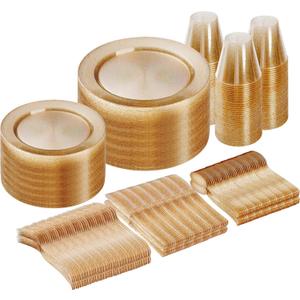 Goodluck 300 Piece Gold Glitter Disposable Plates for 50 Guests, Plastic Plates for Party, Wedding, Dinnerware Set of 50 Dinner Plates, 50 Salad Plates, 50 Spoons, 50 Forks, 50 Knives, 50 Cups