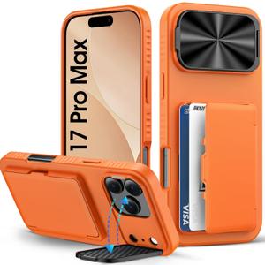 BXYJY for iPhone 17 Pro Max Wallet Case with Camera Cover Kickstand, Card Holder (3-5 Cards), Military Grade Drop, Heavy Duty Women Men Protective Phone Case for iPhone 17 Pro Max 6.9" 2025, Orange