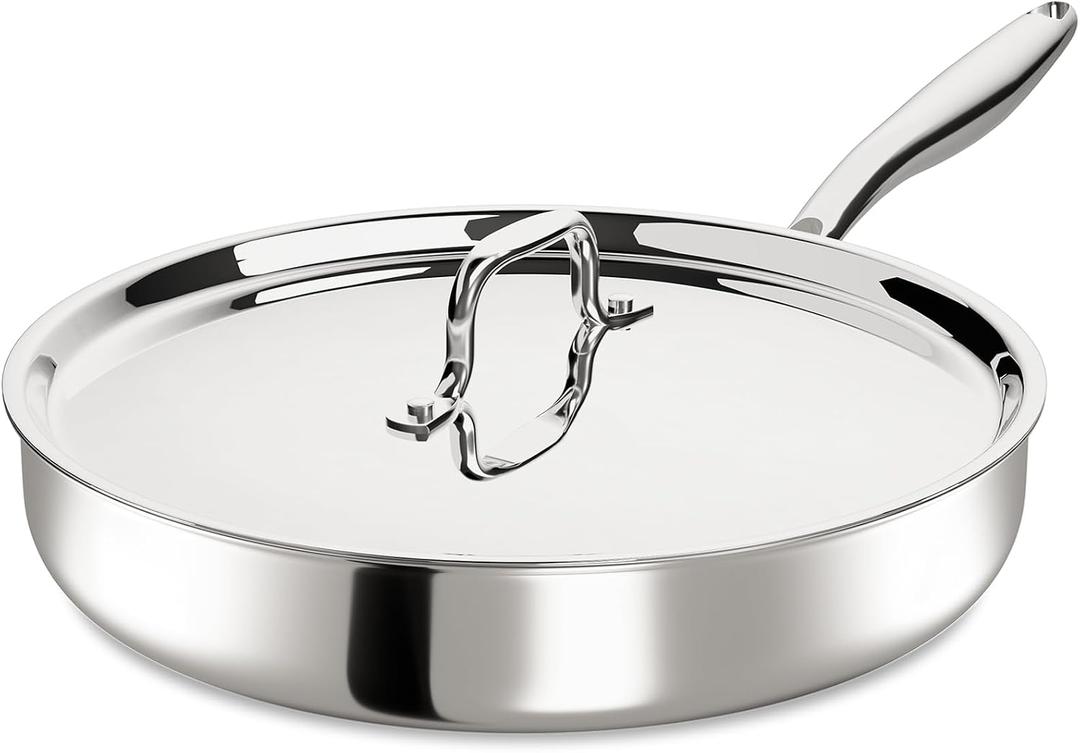 12 Inch Tri-Ply Stainless Steel Frying Pan, Frying Pan with Lid, PFOA/PTFE Free Skillet, Induction Cooking Pans, Dishwasher & Oven Broiler Safe 600F, Professional Cookware, Heavy Duty & Even Heat