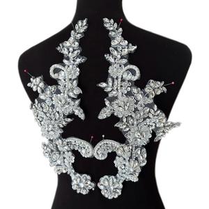 Handmade Rhinestones Applique Silver Glass Stones Beads Bling Bright Crystal White Lace Patches Bodice Accessories for Weding Dress Decorations, 15x33cm