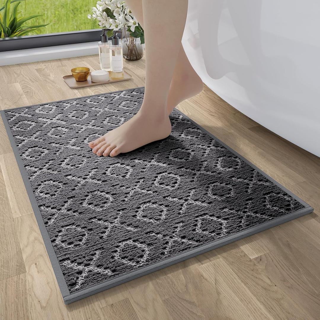 YDKGL Bathroom Rugs Non Slip, Super Absorbent Quick Dry Bath Mat, Rubber Backing Ultra Thin Bathroom Mats Fit Under Door Bathroom Floor Bathtub Shower (16x24, Ox- Grey)