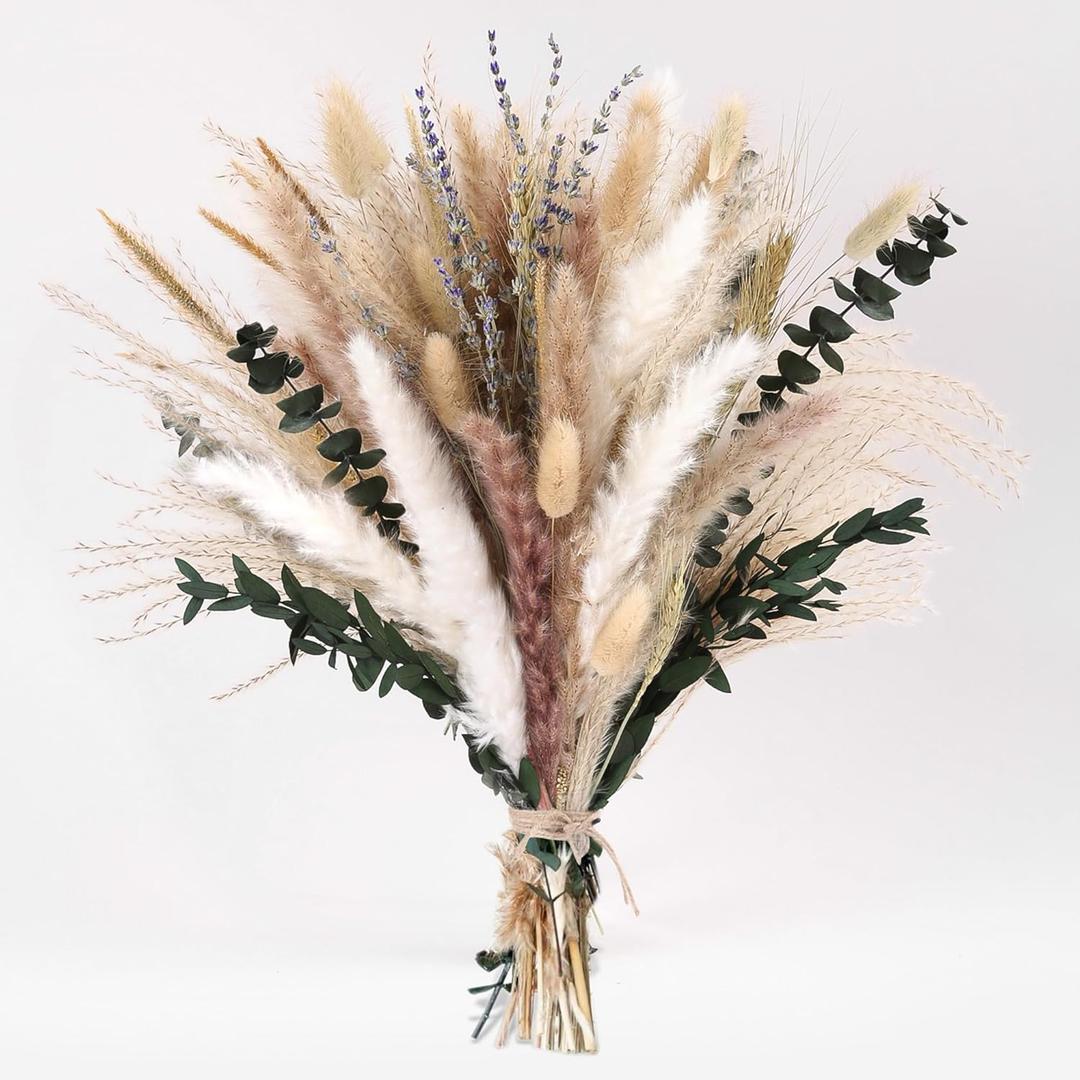Bpole Dried Pampas Grass Bouquet - 92 Pcs 11-13 inch Pampas Grass Decor with Bunny Tails, Eucalyptus & Lavender Dried Boho Flowers for Vase Wedding Home Table Decor, Rustic Farmhouse Party