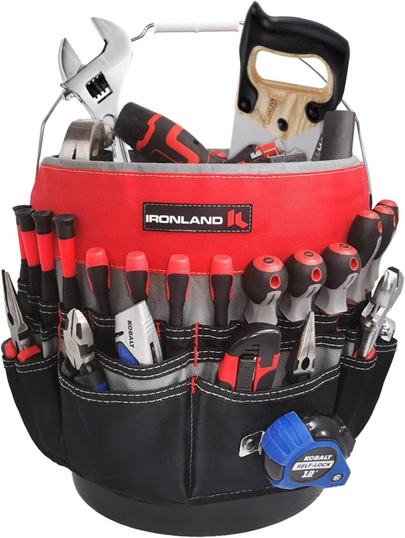 IRONLAND Bucket Tool Organizer Fit 3.5-5 Gallon Bucket, 51 Pockets, Bucket Tool Caddy Organization for Garden, Construction, Carpenter, Electrician, Builder Red & Black (Medium)