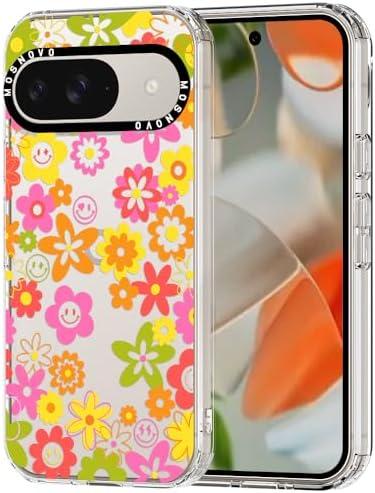MOSNOVO Case for Google Pixel 9 & Pixel 9 Pro, [Buffertech 6.6ft Military-Grade Drop Protection] [Anti Peel Off Tech] Clear TPU Bumper Phone Case Cover Design - 70's Groovy Floral