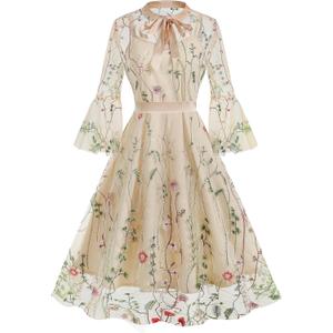 Bow Tie Neck Floral Embroidery Dress for Women Flower Embroidery Tulle Prom Dress 2 Piece Dress Embroidered Floral Mesh Dress Illusion Sheer 3/ 4 Bell Sleeve Formal Short Homecoming Dresses Apricot, Small