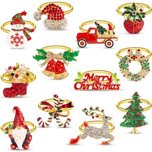 Homotte Gold Napkin Rings with Bling Set of 12, Various Christmas Elements Holders for Thanksgiving Table Decorations, Banquet, Daily Receptions