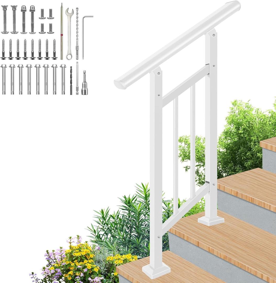 Handrails for Outdoor Steps,Outdoor Stair Railing - Fits 1 to 2 Steps,Easy DIY Installation Kit Included, White Wrought Iron Hand Rails for Outdoor Steps, 
38"L x 25"W