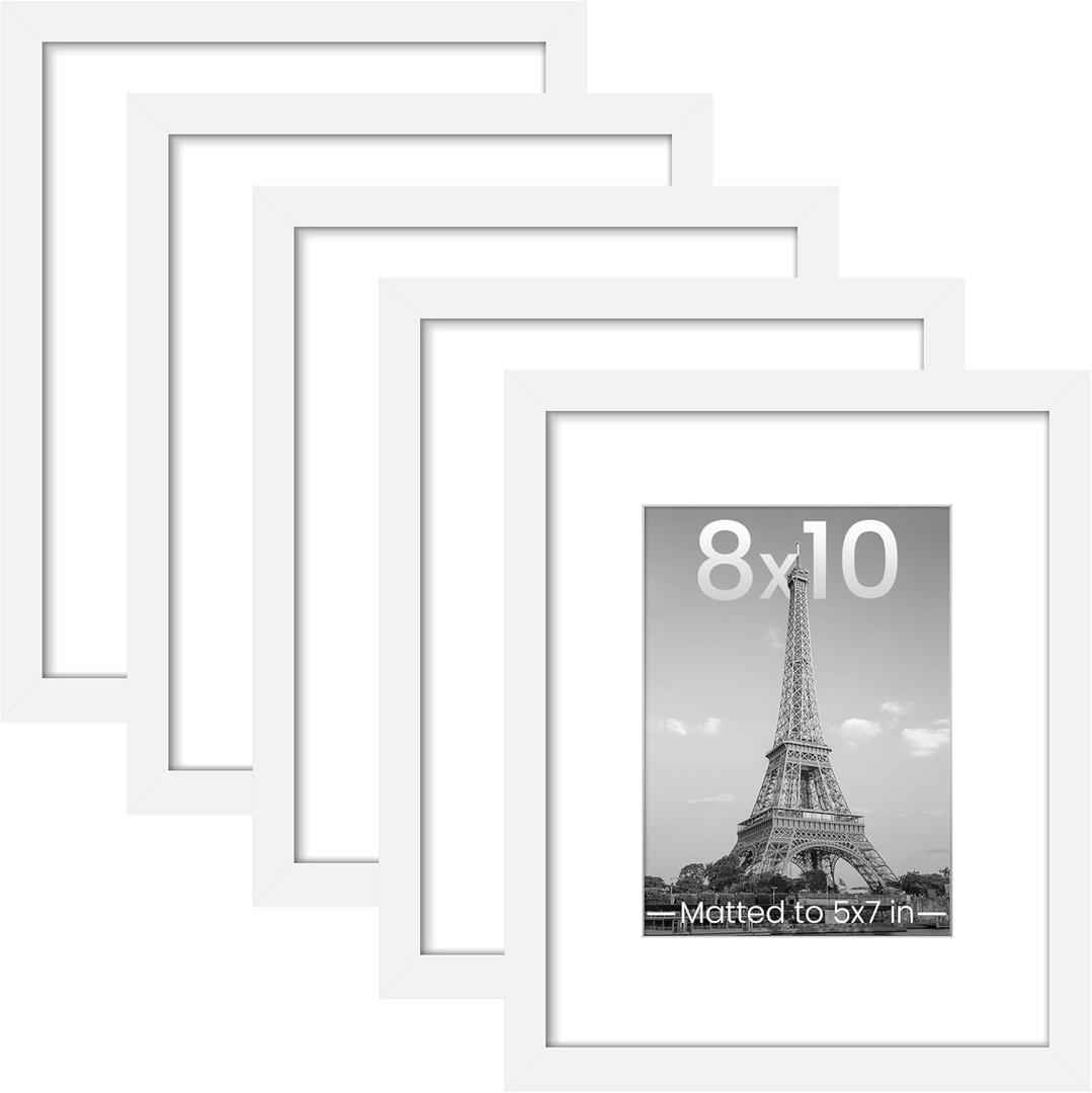 upsimples 8x10 Picture Frame Set of 5, Display Pictures 5x7 with Mat or 8 x 10 Without, Wall Gallery Photo Frames, White