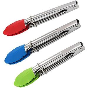 Premium Kitchen Tongs with Silicone Tip, Mini Metal Cooking Tongs, Non-Stick, Stainless Steel, Heat Resistant Locking Tongs for Cooking, Barbecue, Salad, Grilling, Frying (3pcs) (Multicolor)