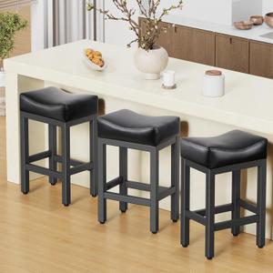 Counter Height Bar Stools Set of 3, 24 Inch Barstools for Kitchen Island Counter, Bonded Leather Kitchen Stools with Saddle Seats & Metal Base, Easy Assembly, Black