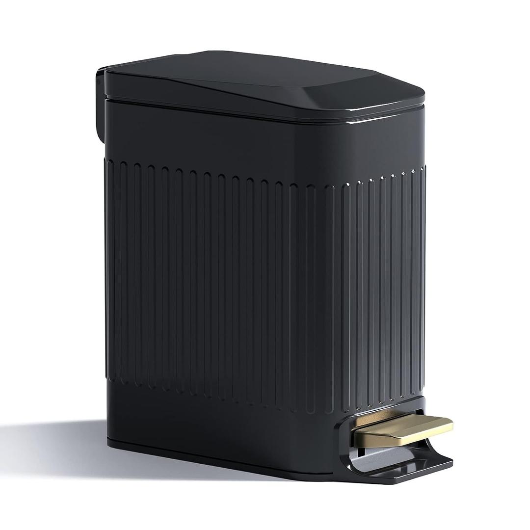 Small Bathroom Trash Can with Lid Soft Close-6L/1.6 Gal Slim Step Garbage Can-Metal Pedal Wastebasket-Narrow Rectangle Garbage Container Bin for Corner Office, Bedroom, Toilet, Live Room-Black