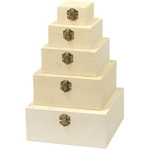 Unfinished Wood Square Box Set of 5 Unpainted Wooden Nesting Box set for Crafts Painting Burning