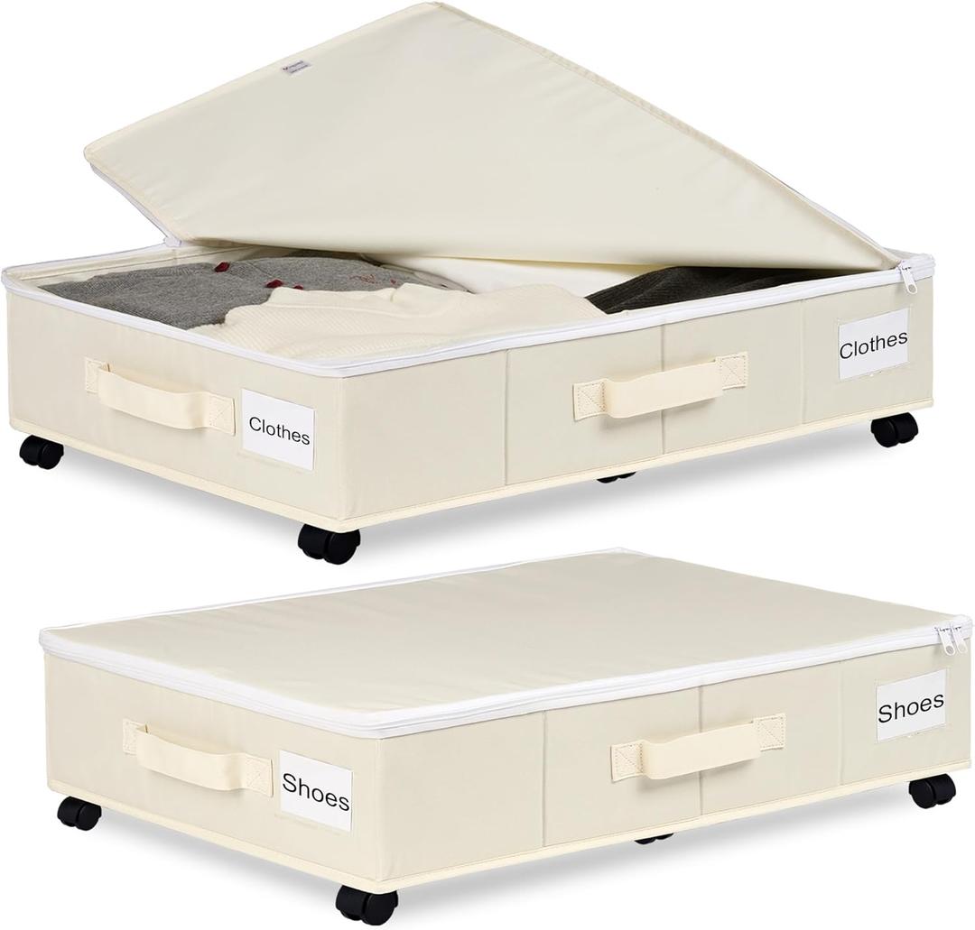 Vincona Under Bed Storage with Wheels, 2 Pack Under Bed Storage Containers with Label Holders for Clothes, Shoes and Blankets, Rolling Underbed Shoe Organizer with Cover, Beige (30.71x15.7x7.28 in)