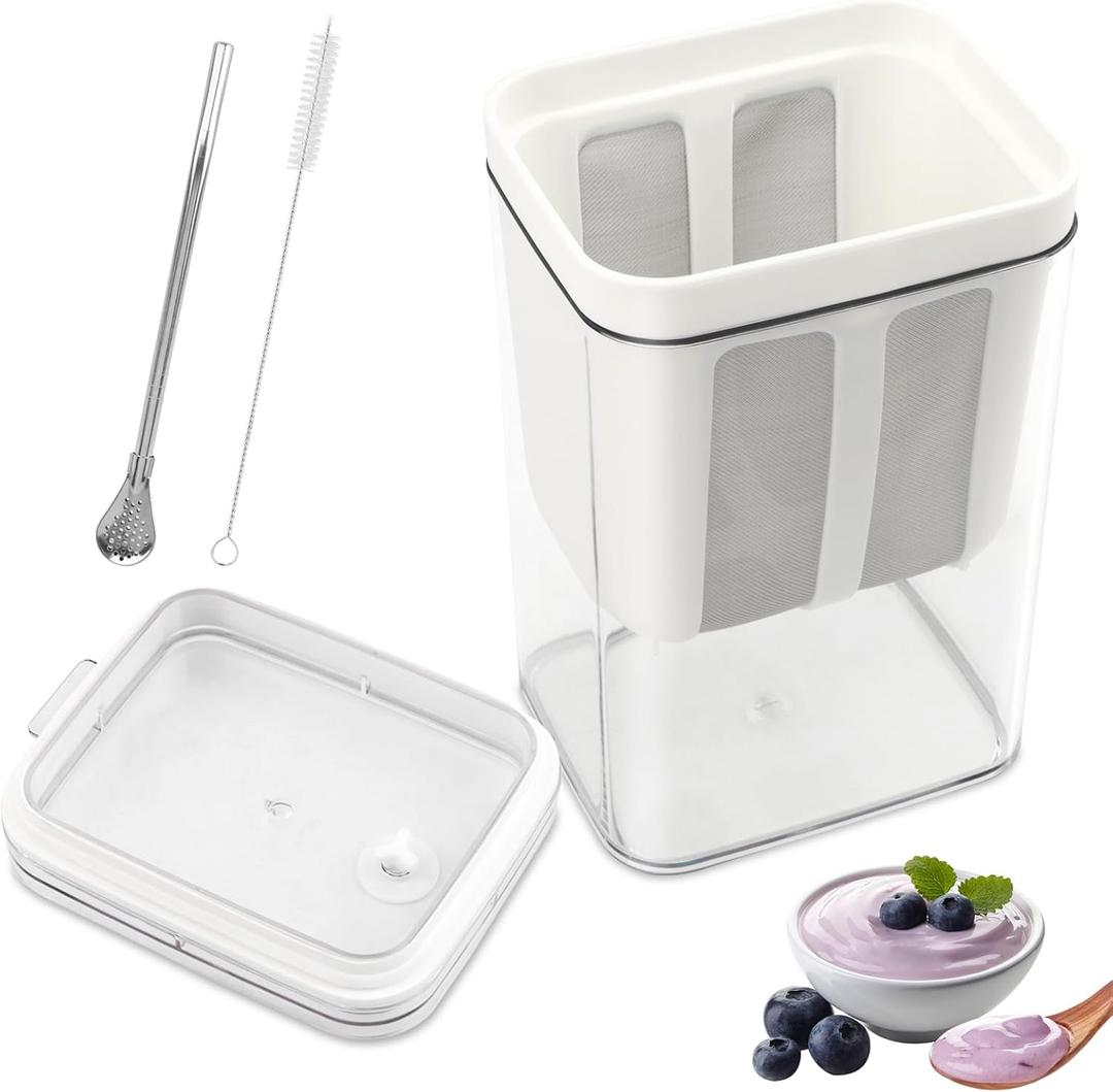 Greek Yogurt Strainer,1100ml Yogurt Strainer Separator,Yoghurt Maker with Fine Mesh Bag & Lid for Thick Greek Yogurt, Soybean Milk,Berries,Soup,Fruit Juice,Coffee(White,Size:10.8 * 9 * 17.6cm)