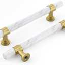 Rergy Cabinet Handles Marble Drawer Pulls and Knobs, 10Pack White Marble & Matte Gold 5inch Hole Center, T-Bar Hardware for Kitchen Dresser Zinc Alloy Furniture