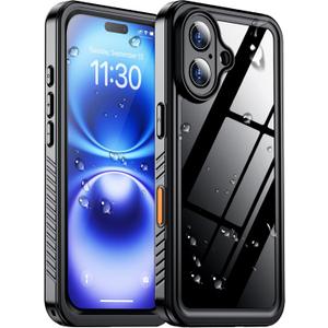 Temdan Compatible with iPhone 16 Case Waterproof, Built-in Screen & Camera Protector IP68 Underwater Full Body 16FT Military Dropproof Shockproof Phone Case 6.1"-Black/Clear