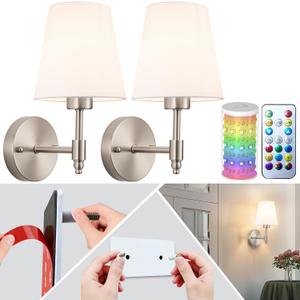 Peel and Stick Wall Sconces, Stick On Wall Sconce Set of 2, Battery Operated Wireless Adhesive Wall Lights, Corn Bulb with 10000mAh Battery, Easy Install for Bedroom Living Room Wall Decor