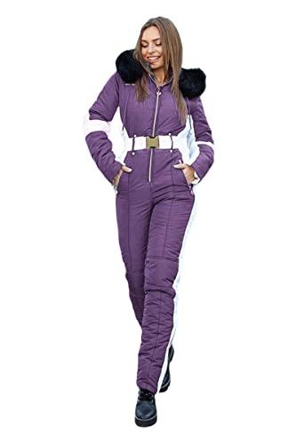Yousify Womens Winter Onesie Ski Jumpsuits Outdoor Sports Waterproof Snowsuit Removable Faux Fur Collar Coat Jumpsuit L, Purple