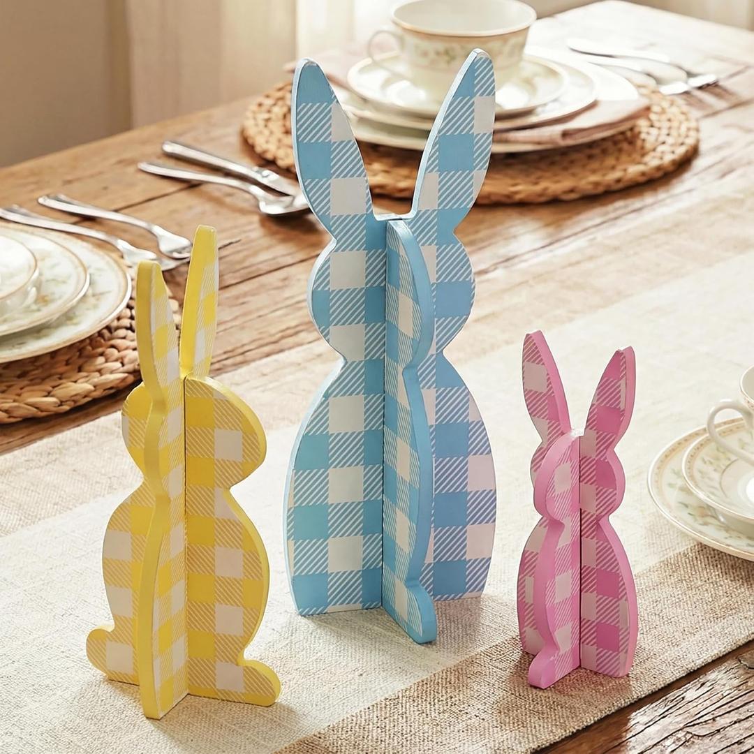 Valery Madelyn Easter Decorations, Bunny Decor Table Centerpiece, 3 Pcs Wooden Easter Decor Indoor, Cute Bunny Decorations for Table Shelf Tiered Tray Home Livingroom Kitchen Bedroom, 5-8 inch