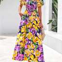 BTFBM Womens Spring 2026 Casual Maxi Dresses Short Sleeve Smocked Tiered Floral Boho Long Beach Dress with Pockets (XXL)