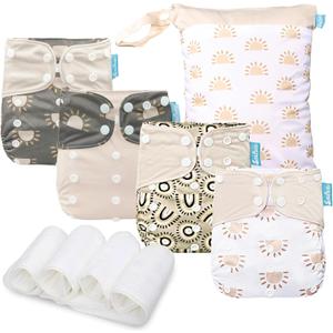 Baby Cloth Diapers Set - 4 Pack with 4 Inserts & 1 Wet/Dry Separation Bag, Reusable Infant Toddler Nappy, Adjustable Pocket Diapers for Baby Boys and Girls (6-33 pounds, 0-3 Years)