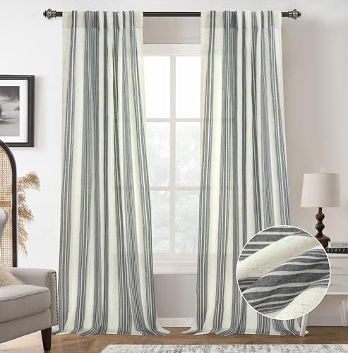 DriftAway Farmhouse Curtains for Living Room Vertical Striped Linen Curtains Semi Sheer Light Filtering Back Tab Rod Pocket Window Treatments, 96 Inches Long, 2 Panels, Grey on Beige