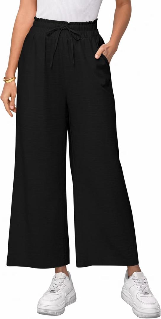 Women's Linen Pants Relaxed Fit High Waisted Boho Chic Ankle Pants Summer Beach Vacation Wide Leg Trousers (Black, XL)