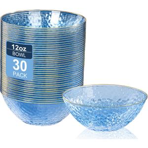 I00000 30 Pack 12 Ounce Blue Plastic Bowls Hammered Clear Bowl with Gold Rimmed, Heavy Duty Disposable Bowl Set,Elegant Small Bowls for Party, Weddings, Catering
