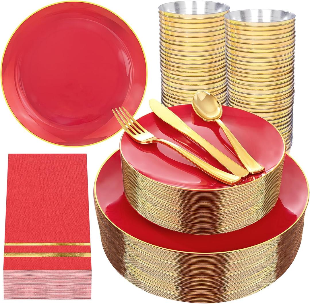 NOCCUR 350PCS Red Plastic Plates - Disposable Red Gold Dinnerware Set for 50 Guests, 100 Dinner/Dessert Plates, 150 Gold Silverware, 50 Cups&50 Napkins for Party/Wedding/Valentines Day