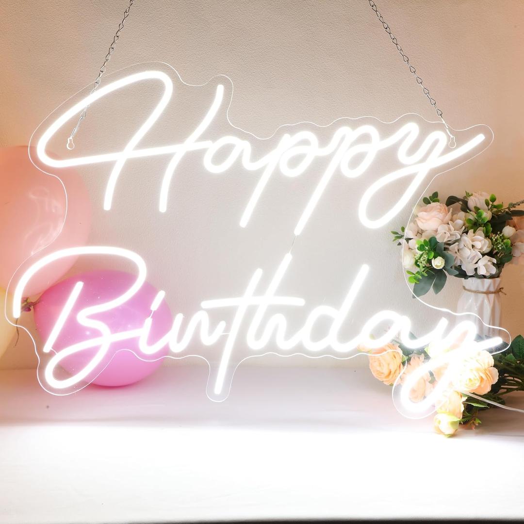 30" x 21" Happy Birthday Neon Sign Large Happy Birthday LED Neon Light Signs with Dimmable Switch 12V Power Adapter for Party Wall Decoration Bar Rave Home Decor Backdrop(Cold White,30" x 21")