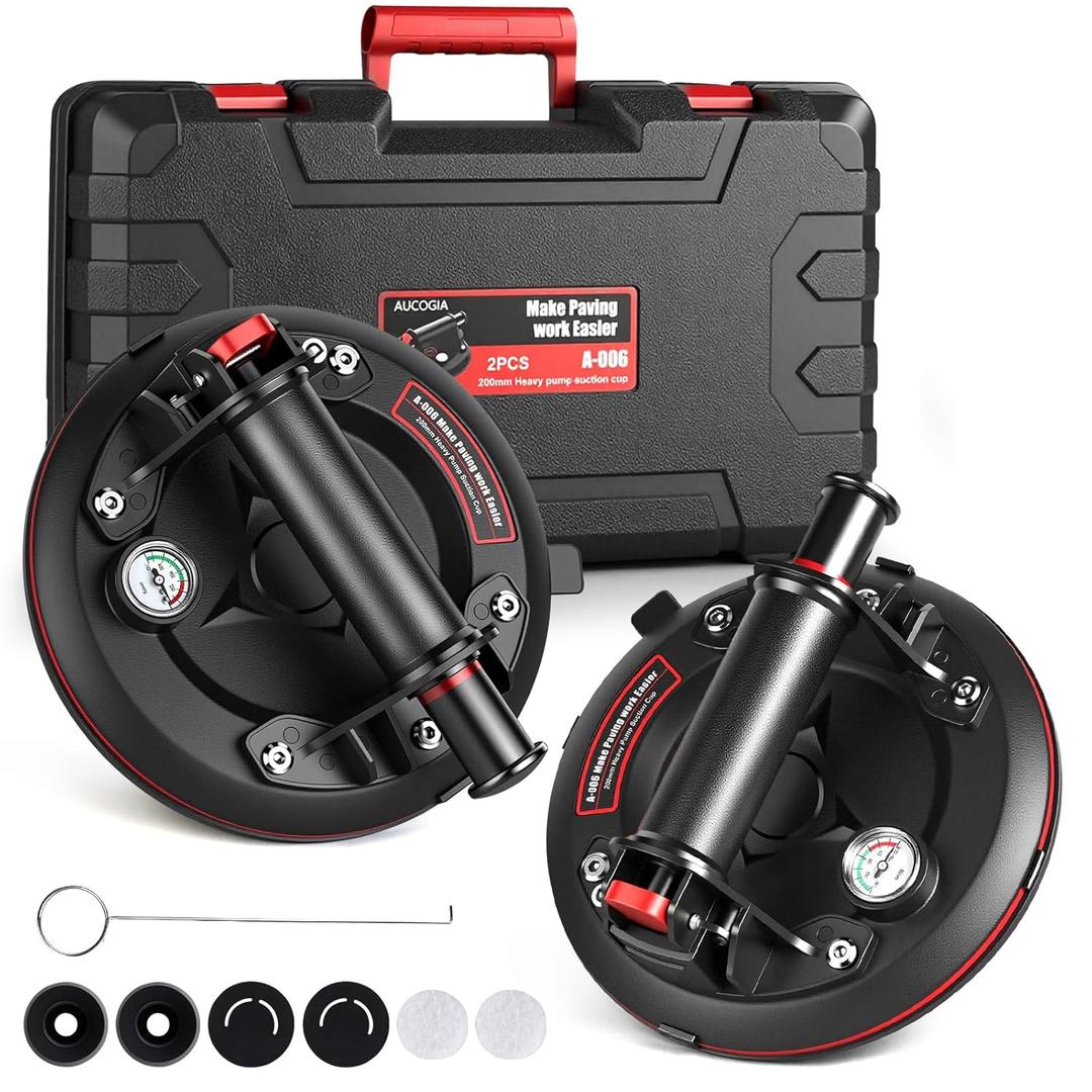 8 Inch Heavy Duty Glass Suction Cups (2 Pack) with Pressure Gauge - 880 lbs Load Capacity for Lifting Large Glass, Windows, Tile, Granite, Windshield - Includes Carrying Case