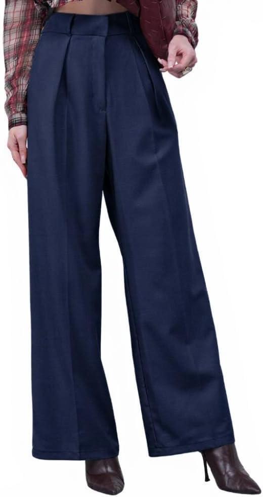 Wide Leg Work Pants Womens Dress Pants Elastic High Waist Palazzo Casual Trousers Office Slacks Regular and Plus Size (Blue, S)