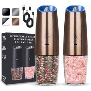 Rechargeable Electric Salt and Pepper Grinder set of 2, gravity electric salt and pepper grinder set, Adjustable Roughness, LED Light, 2 Pack, (Copper)