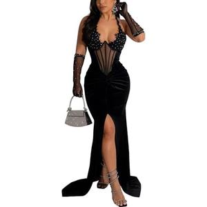 Jigfar Women's Sexy Elegant Rhinestone Embellished Velvet Party Club Night Bodycon Formal Evening Maxi Dress, XL