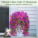 Dolicer 2 Packs Look Real Artificial Flowers for Outdoors, Fake Artificial Hanging Flowers for Outdoors Realistic UV Resistant Hanging Flowers Silk Petunia Faux Flowers for Porch Patio(Purple+Fuchsia)