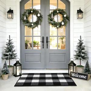 REFETONE Buffalo Plaid Rug 24"x36", Black and White Checkered Rug Rubber Backing Non-Slip Indoor Outdoor Rugs for Layered Door Mats, Washable Absorbent Carpet for Front Porch Farmhouse Entryway