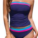 Jolefille Women Two Piece Bandeau Swimsuit - Bathing Suit Tummy Control Color Block Bikini Set Coverage Strapless Top Tankini (Large, Navy Blue)