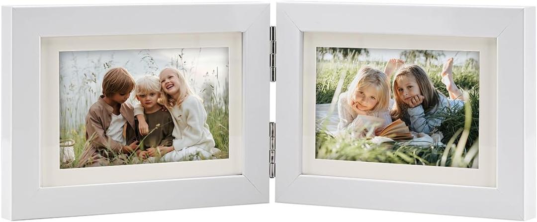 Hinged Double 4x6 Picture Frame, Real Glass, for Tabletop Display or Wall Mounted, Fits 3x5 Photos with Mat, Matte White, For Family Photos & Wedding Memories-B64X2