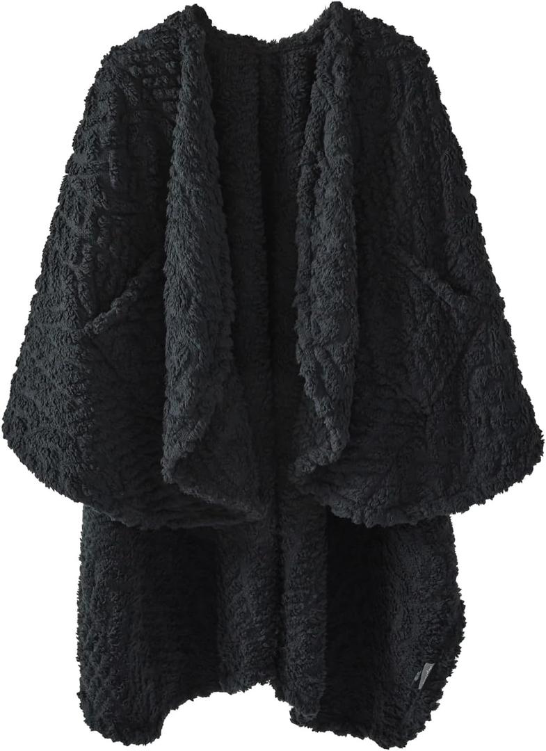 Royoliving Fuzzy Sherpa Wearable Fleece Blanket with Pockets for Adults, Ultra Soft Plush Shawl TV Throw Blankets (Black, 58'' x 64'') (Black)