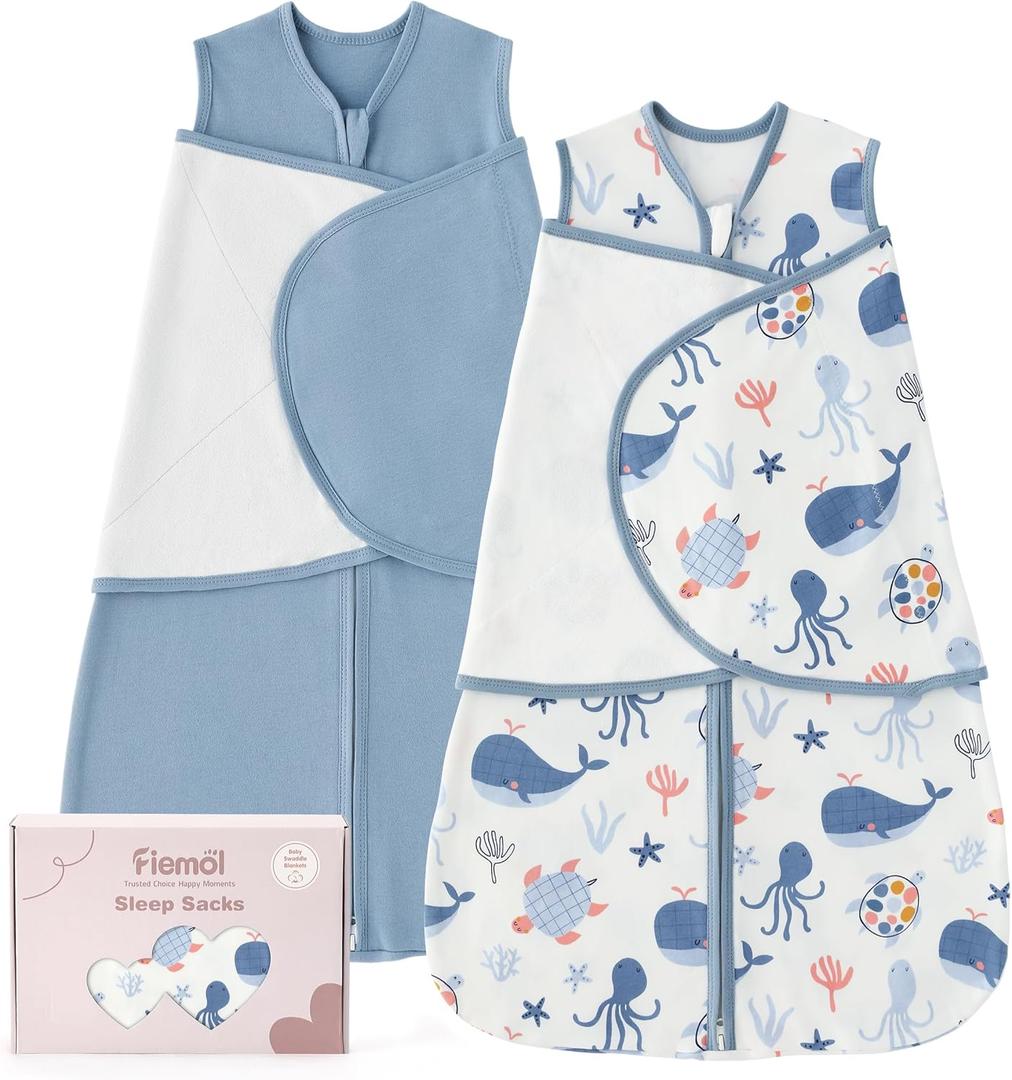 Baby Swaddle Sleep Sack 3-6 Months, Swaddles for Newborns Boy Girl, 3-Way Adjustable Infant Swaddle Wearable Blanket with Zipper & Detachable Wrap, 2 Pack Soft Snug Blue Whale