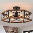 6-Light Large Rustic Farmhouse Wood Flush Mount Ceiling Light Fixture 20 inch Oak Wood and Metal Cage Semi Flush Mount Ceiling Light for Hallway Entry Dining Farmhouse Bedroom Living Room, Black