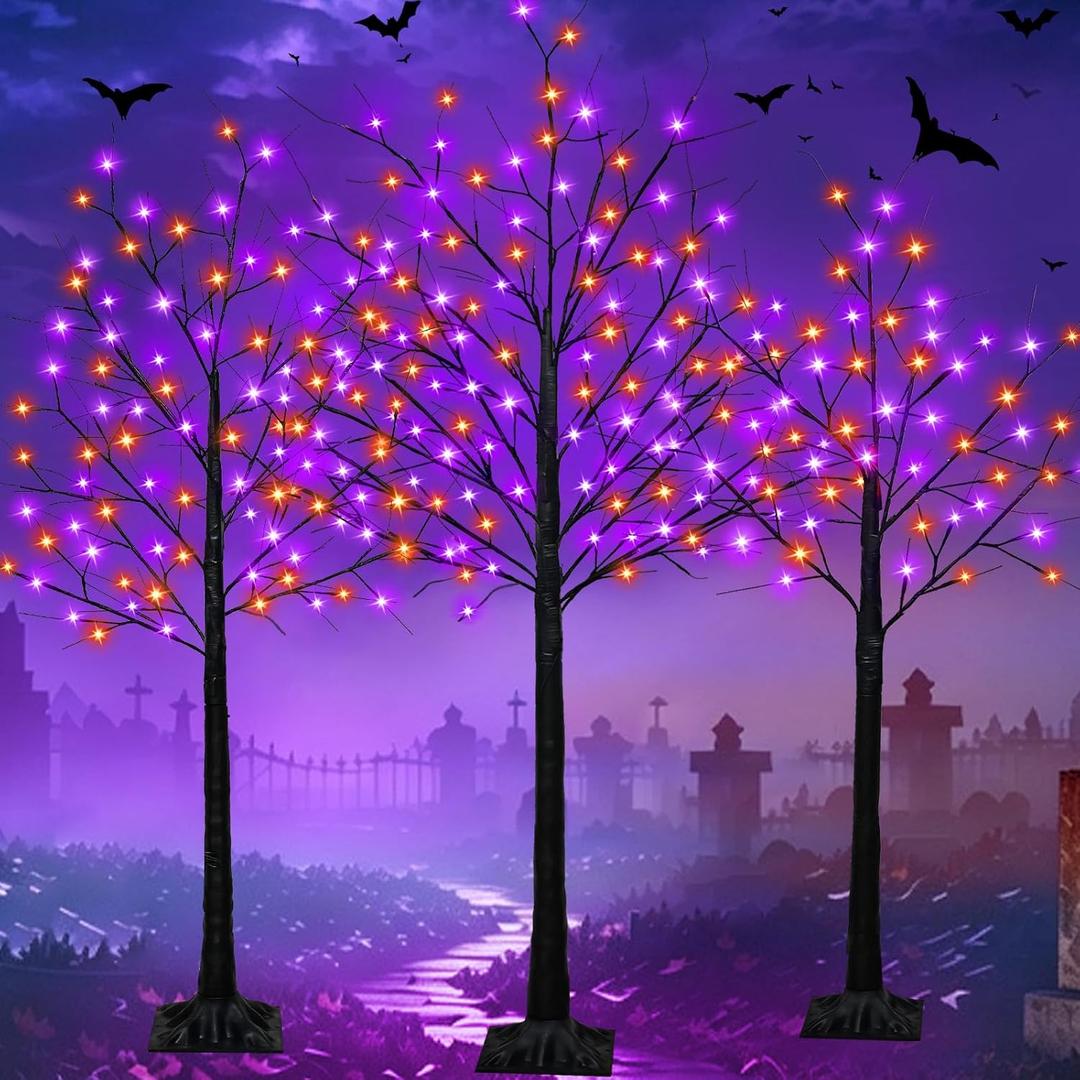 Set of 3 Lighted Black Halloween Tree Lights 4FT 300 LED Orange Purple, 2 Pack 