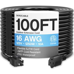 16/3 100 Ft Outdoor Extension Cord Waterproof, Weatherproof & Flame Retardant Black 3 Prong Power Cord Outside for Lawn & Garden, 16AWG 10A 1250W 125V SJTW ETL Listed
